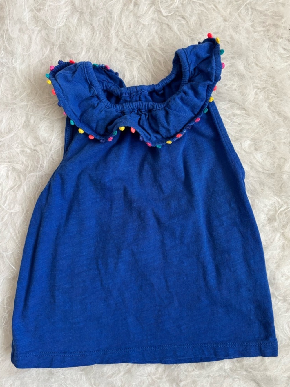 Biden Girls' Blue Ruffled Tank Top with Colorful PomPom Trim